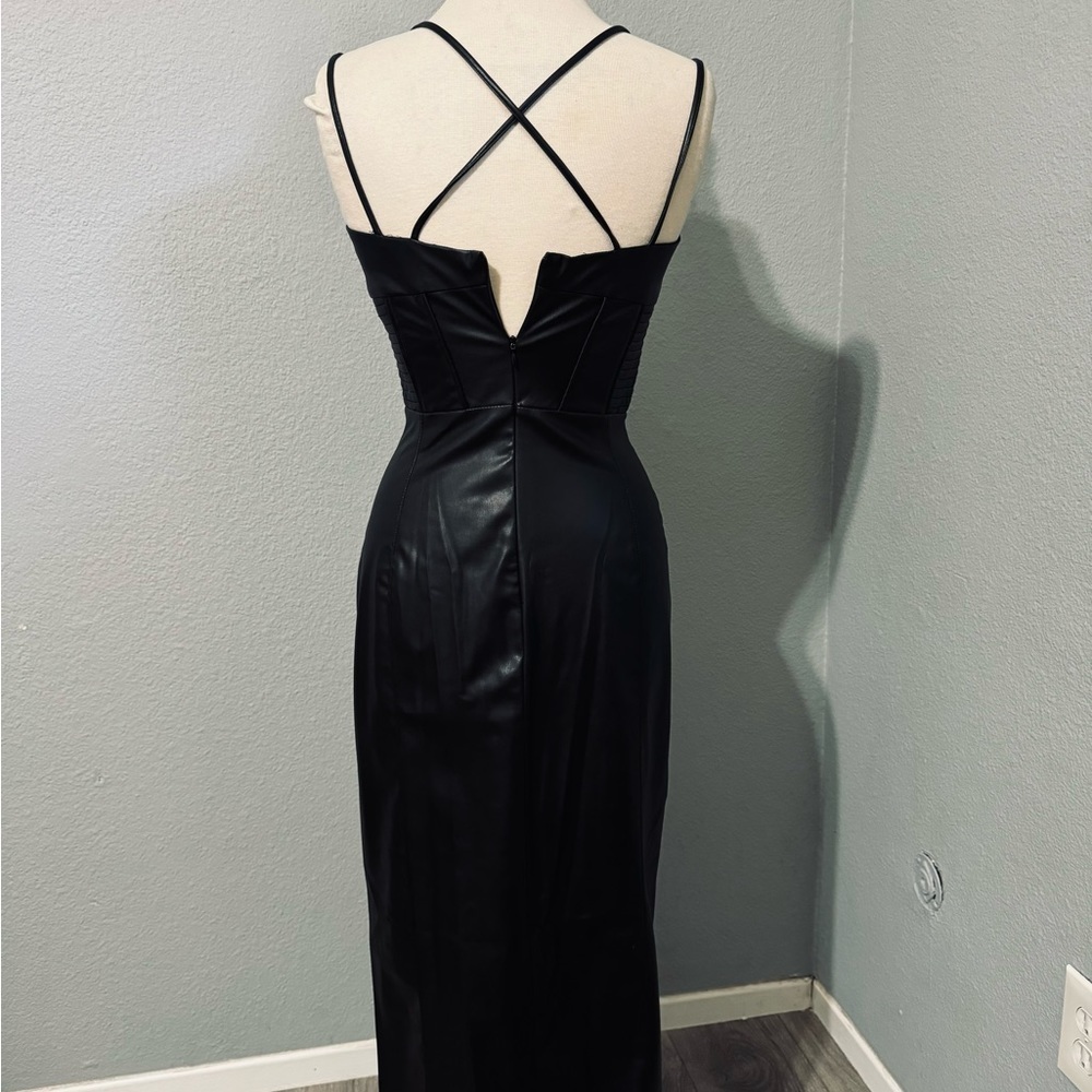 Zara Bloggers Fav Topstitched Faux Leather Midi Slit Christmas CutOut Dress Sz M - Picture 15 of 17